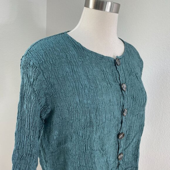 NEW Cp Shades Womens Small Button Up Textured Crinkled Top Teal Shirt - Picture 2 of 10